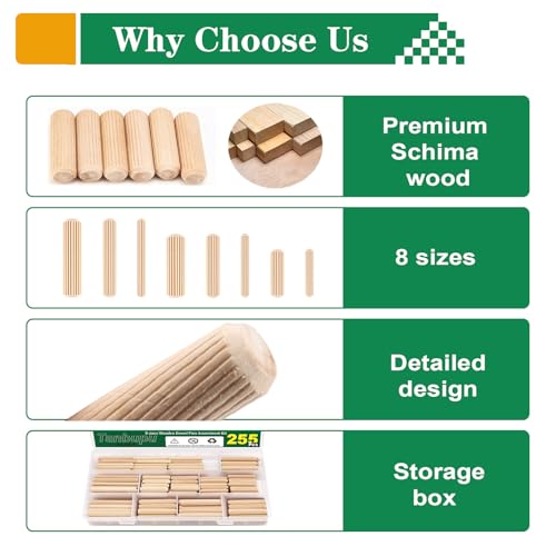 Tanbupu 255Pcs 8 Values Wood Dowels Kit 1/4" 5/16" 3/8", Wooden Dowel Pins, Fluted Wood Dowels Rods for Crafts, Furniture, DIY Manual - Image 3