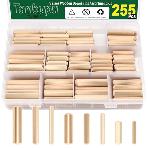 Tanbupu 255Pcs 8 Values Wood Dowels Kit 1/4" 5/16" 3/8", Wooden Dowel Pins, Fluted Wood Dowels Rods for Crafts, Furniture, DIY Manual - Image 1