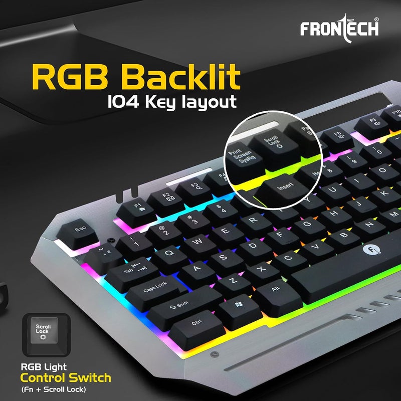 FRONTECH Wired Super Design Gaming Keyboard and Optical Mouse Combo with RGB Backlight Effects| 104 Membrane Keys | USB Plug & Play | Ergonomic & Comfortable Design (KB-0039, Black) - Image 3