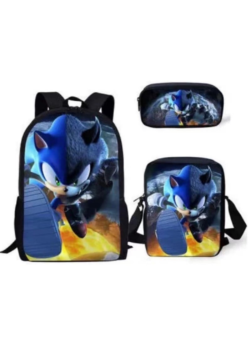 Sonic Primary School Backpack Cartoon Anime Backpack Messenger Bag Pencil Case Three-Piece Set 29*16*42cm