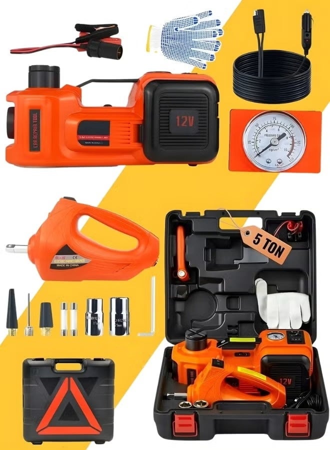 مجموعة رافعة السيارة الهيدروليكية 5 طن (نطاق الرفع: 15 ~ 45 سم) مع مفتاح ربط كهربائي 12 فولت لتغيير إطارات السيارة، ( رافعة كهربائية + منفاخ هواء + جهاز كهربائي لفك الكفرات )