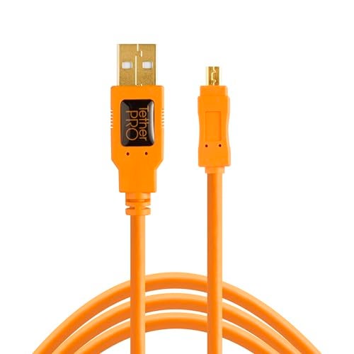 Tether Tools TetherPro USB 2.0 to Mini-B 8-Pin Cable | for Fast Transfer Between Camera and Computer | High Visibility Orange | 15 Feet (4.6 m) - Image 1