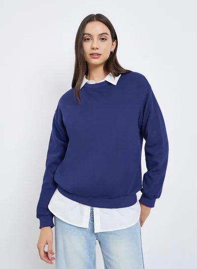 Take Two Navy Blue Solid Round Neck Sweatshirt