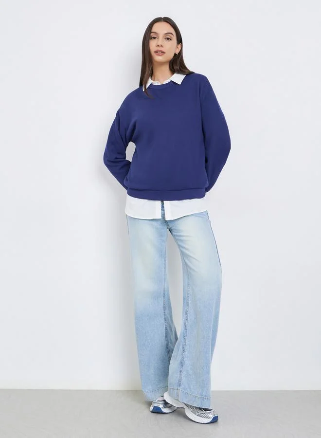 Take Two Navy Blue Solid Round Neck Sweatshirt