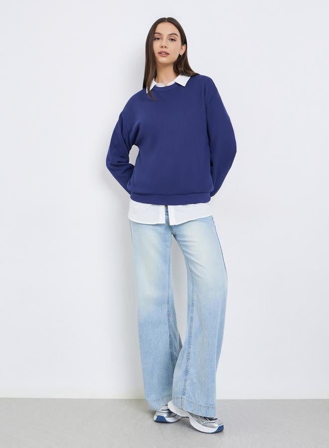 Take Two Navy Blue Solid Round Neck Sweatshirt - Image 2