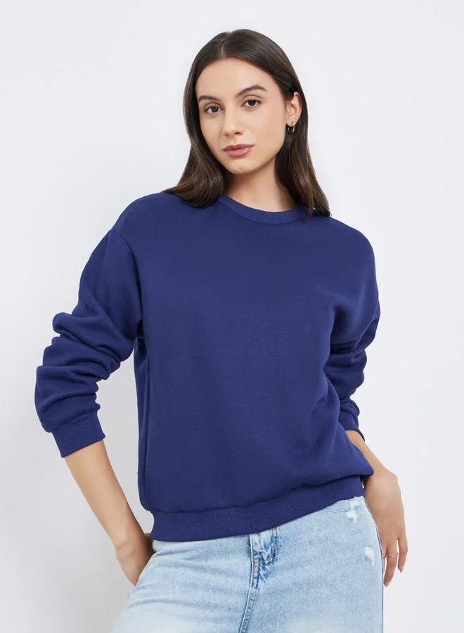 Take Two Navy Blue Solid Round Neck Sweatshirt
