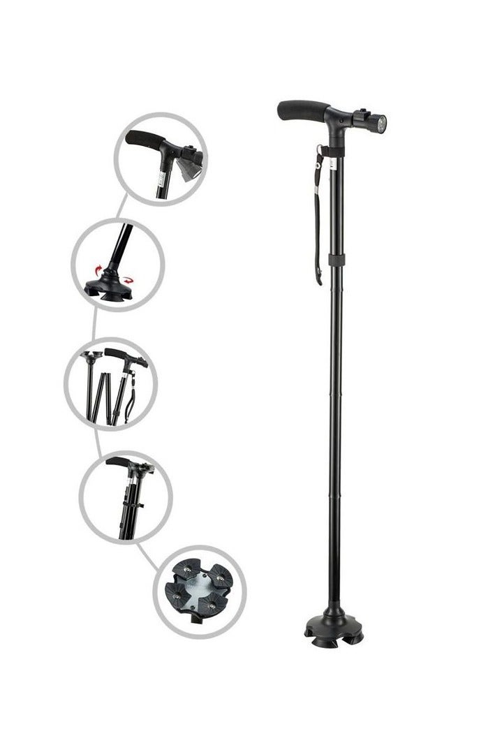 عكاز قابل للطي بخمس أجزاء مع ضوء LED – عكاز ألمنيوم قابل للتعديل لدعم المسنين - Image 3