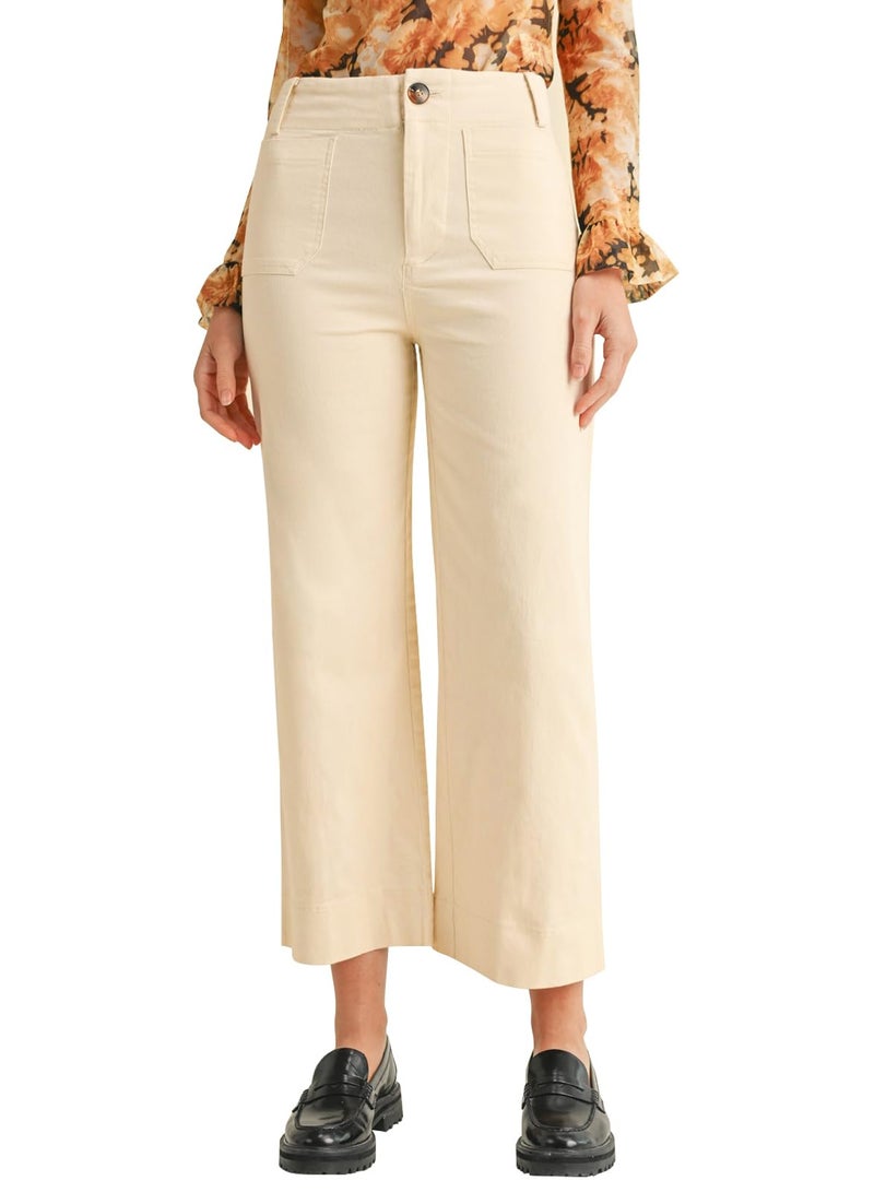 miduo Womens Summer Spring Casual Capris Pants Button Zipper High Waisted Cropped Straight Leg Pants Trousers with Pockets Beige 26 - Image 1