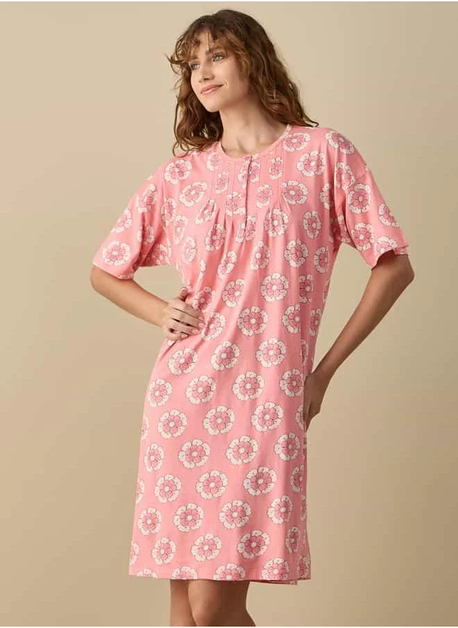 FAV Floral Print Sleepshirt with Button Closure and Short Sleeves