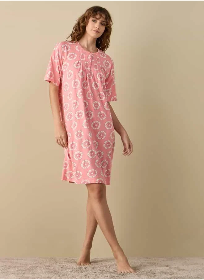 FAV Floral Print Sleepshirt with Button Closure and Short Sleeves