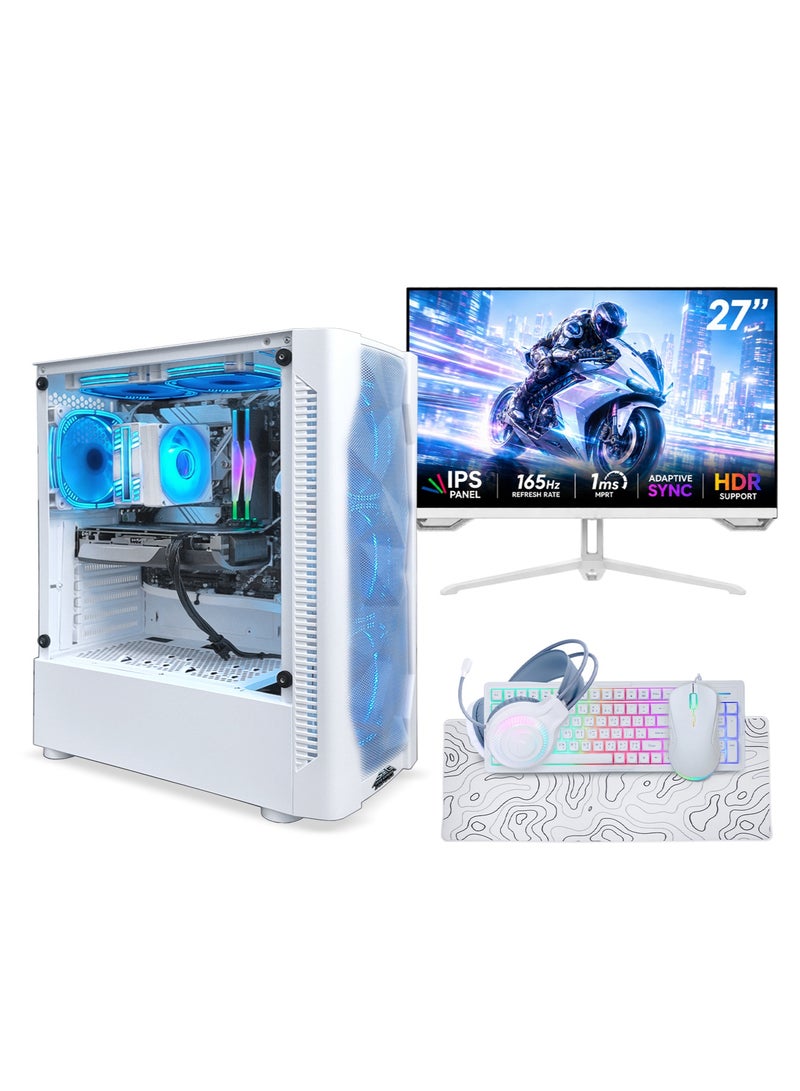 عرب جيمرز حزمة كمبيوتر ألعاب متكاملة: Intel Core i5-12400F, NVIDIA GeForce RTX 5050 8GB, ذاكرة وصول عشوائي 16GB, قرص صلب 1TB NVMe SSD, شاشة FHD 27 بوصة, لوحة مفاتيح وماوس وسماعة رأس, ويندوز 11 برو, أبيض - Image 1