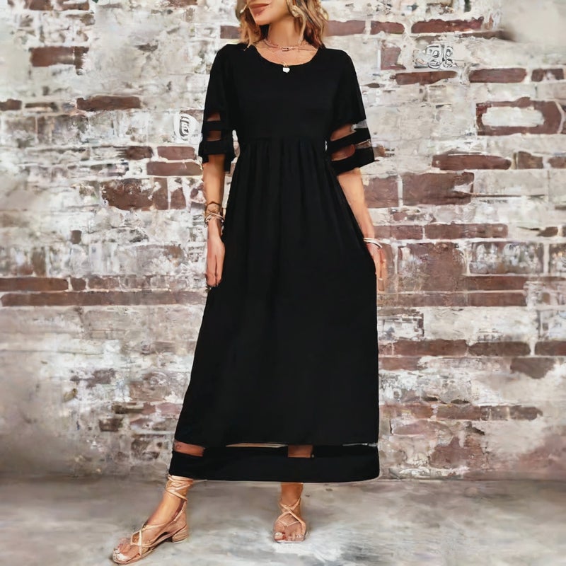 Plus Size Women's Short Sleeve Mesh Round Neck Pocket Patchwork Dress - Image 2