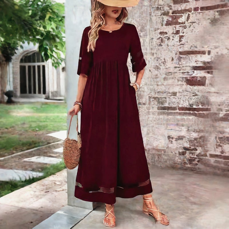 Plus Size Women's Short Sleeve Mesh Round Neck Pocket Patchwork Dress - Image 3