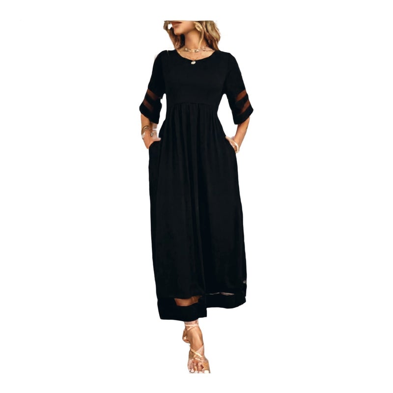 Plus Size Women's Short Sleeve Mesh Round Neck Pocket Patchwork Dress - Image 1