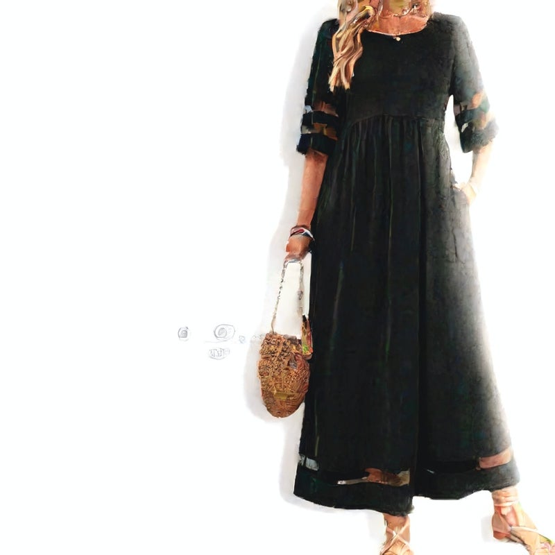 Plus Size Women's Short Sleeve Mesh Round Neck Pocket Patchwork Dress - Image 4