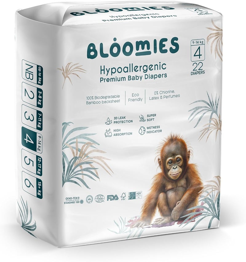 Bloomies Premium Baby Diapers Size 2,3,4, Counts 22,40,66,120, Wetness Indicator Eco-friendly and Hypoallergenic Ultra-soft Nappy Diaper Skin Friendly, Leakage Protection,100% Organic Natural Bamboo - Image 1