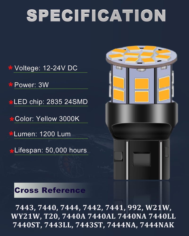 LEDYOTRY 7440 7443 LED Bulb Amber for Turn Signal Light, Super Bright WY21W T20 7440A 7444 LED Bulbs for Rear Front Turn Signal Blinker Lights, Parking or Running, Brake Tail Lights, Pack of 4 - Image 2