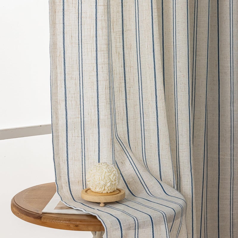 SUOUO Blue Striped Linen Textured Curtains 96 inches Long Rod Pocket Coastal Farmhouse Light Filtering Semi-Sheer Window Drapes for Living Room Bedroom Dining 2 Panels - Image 1