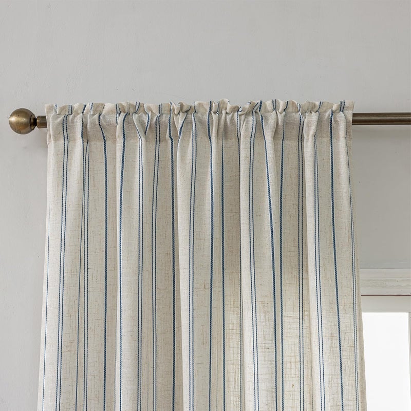 SUOUO Blue Striped Linen Textured Curtains 96 inches Long Rod Pocket Coastal Farmhouse Light Filtering Semi-Sheer Window Drapes for Living Room Bedroom Dining 2 Panels - Image 3