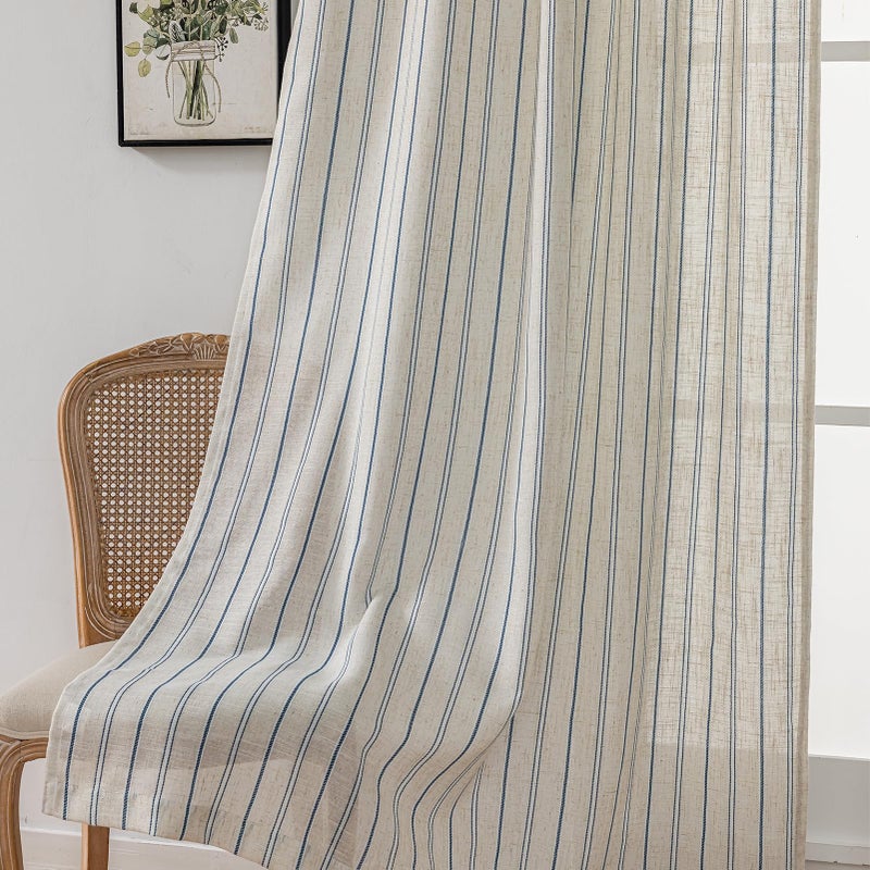 SUOUO Blue Striped Linen Textured Curtains 96 inches Long Rod Pocket Coastal Farmhouse Light Filtering Semi-Sheer Window Drapes for Living Room Bedroom Dining 2 Panels - Image 4