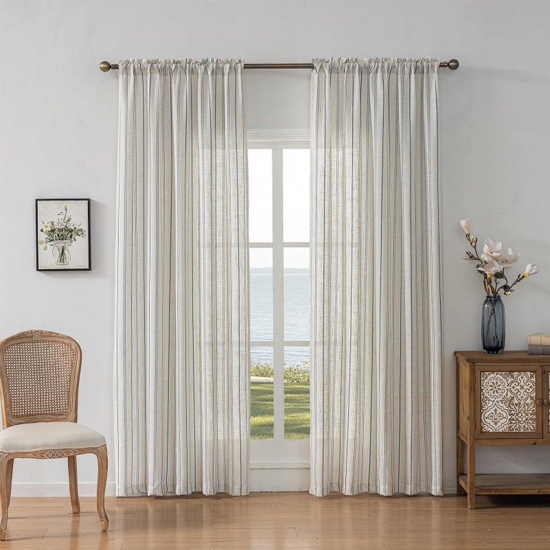 SUOUO Blue Striped Linen Textured Curtains 96 inches Long Rod Pocket Coastal Farmhouse Light Filtering Semi-Sheer Window Drapes for Living Room Bedroom Dining 2 Panels - Image 2