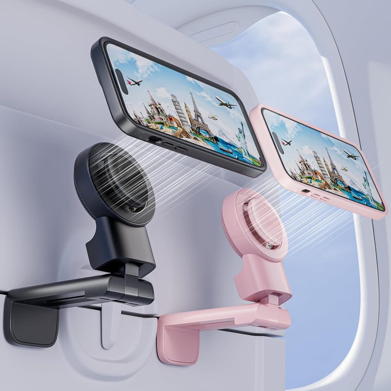 MiiKARE Travel Essentials Magnetic Airplane Phone Holder, Universal Handsfree Phone Mount for Flying with 360 Degree Rotation, Travel Must Haves Phone Stand for Desk, Tray Table, Black&Pink - Image 1