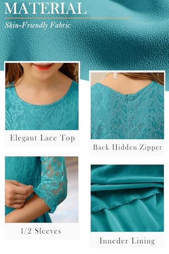 HOSIKA Girls Elegant Vintage Lace Chiffon A-line Wedding Party Princess Maxi Junior Bridesmaid Dress Teal 12-13 Years - Image 5