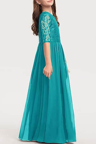HOSIKA Girls Elegant Vintage Lace Chiffon A-line Wedding Party Princess Maxi Junior Bridesmaid Dress Teal 12-13 Years - Image 3