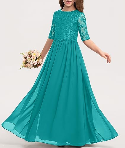 HOSIKA Girls Elegant Vintage Lace Chiffon A-line Wedding Party Princess Maxi Junior Bridesmaid Dress Teal 12-13 Years - Image 2