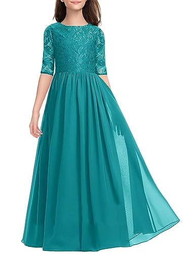 HOSIKA Girls Elegant Vintage Lace Chiffon A-line Wedding Party Princess Maxi Junior Bridesmaid Dress Teal 12-13 Years - Image 1