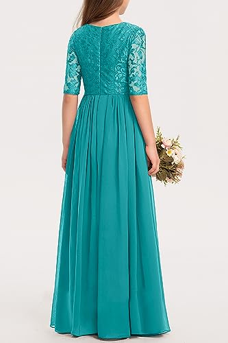 HOSIKA Girls Elegant Vintage Lace Chiffon A-line Wedding Party Princess Maxi Junior Bridesmaid Dress Teal 12-13 Years - Image 4