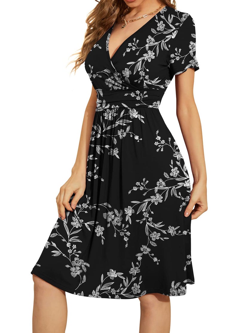 WEACZZY Casual Summer Dresses for Women 2025 Loose Dresses Short Sleeve Dress for Women V Neck Pleated Midi Dress,Floral White Black,L - Image 2