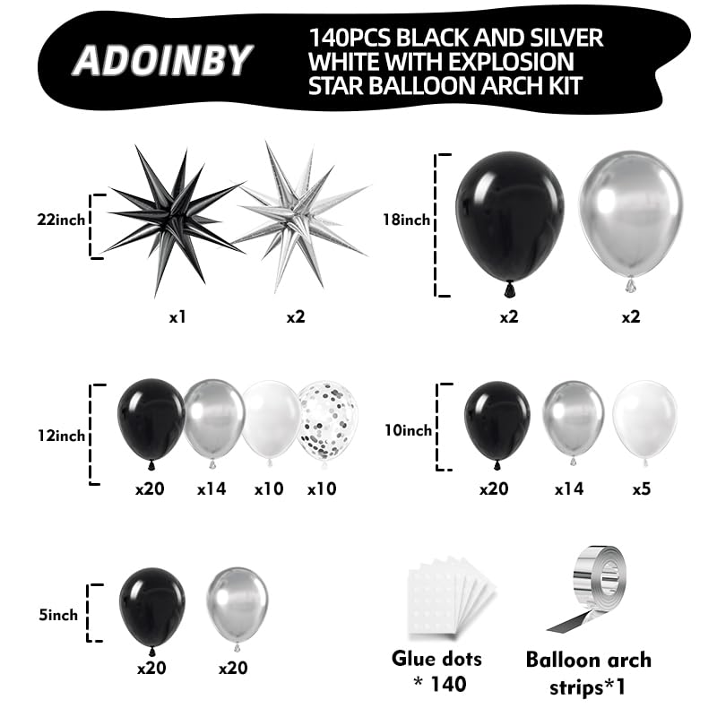 ADOINBY Black and Silver White Balloon Arch Kit, 140Pcs Explosion Star Black and Silver White Balloon 22 18 12 10 5 Inch Different Size Balloons for Birthday Anniversary New Years Party Decorations - Image 2
