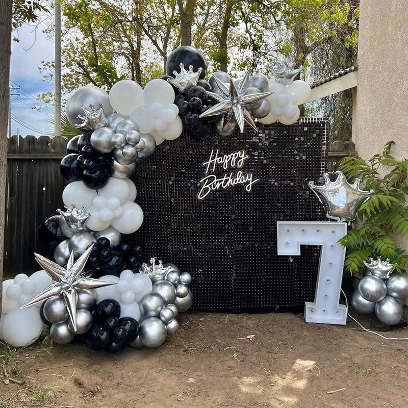 ADOINBY Black and Silver White Balloon Arch Kit, 140Pcs Explosion Star Black and Silver White Balloon 22 18 12 10 5 Inch Different Size Balloons for Birthday Anniversary New Years Party Decorations - Image 5