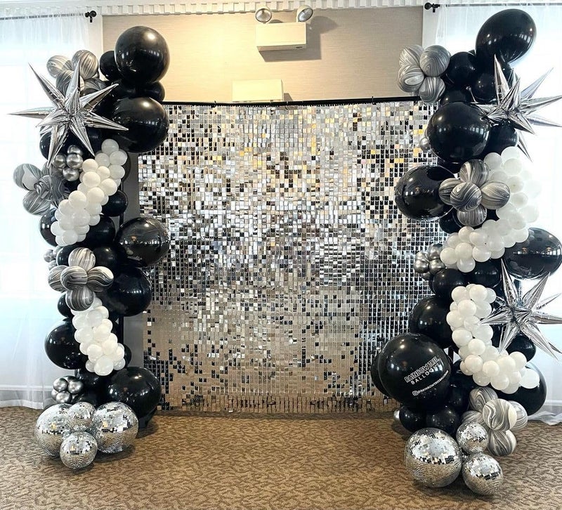 ADOINBY Black and Silver White Balloon Arch Kit, 140Pcs Explosion Star Black and Silver White Balloon 22 18 12 10 5 Inch Different Size Balloons for Birthday Anniversary New Years Party Decorations - Image 4