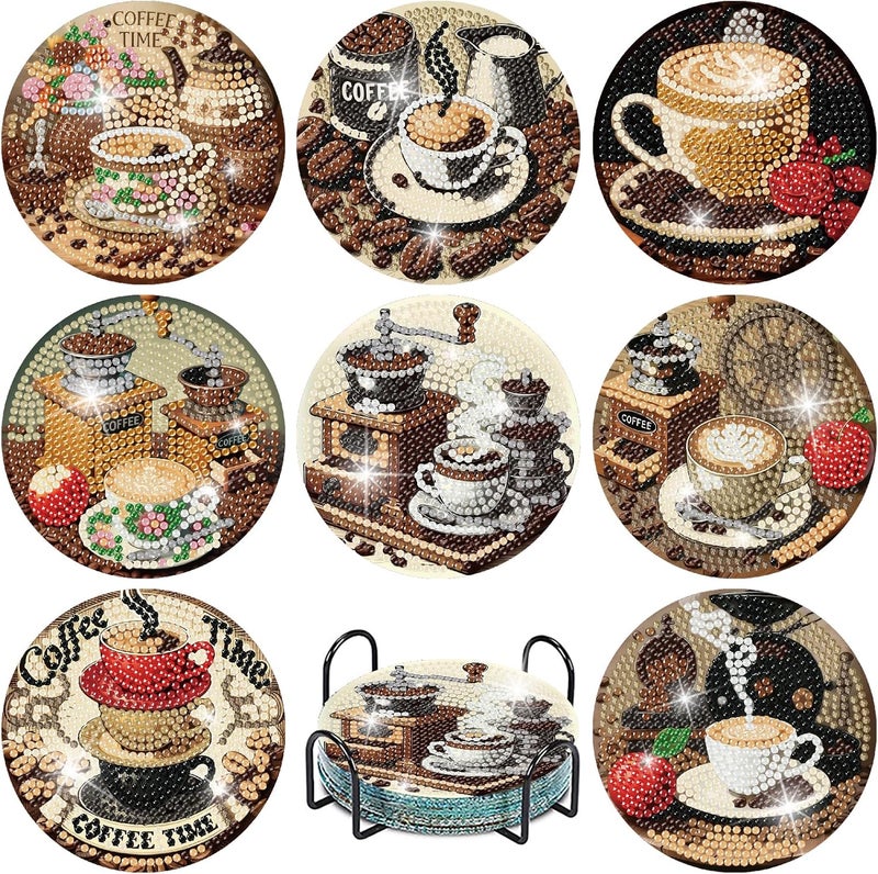 MBNTJHT 8 Pcs Coffee Diamond Art Coasters Kits with Cork Base,Diamond Painting Coasters with Holder for Adult Beginners,DIY Drink Coaster Art Craft Supplies for Home Decor 4x4 Inch. - Image 1