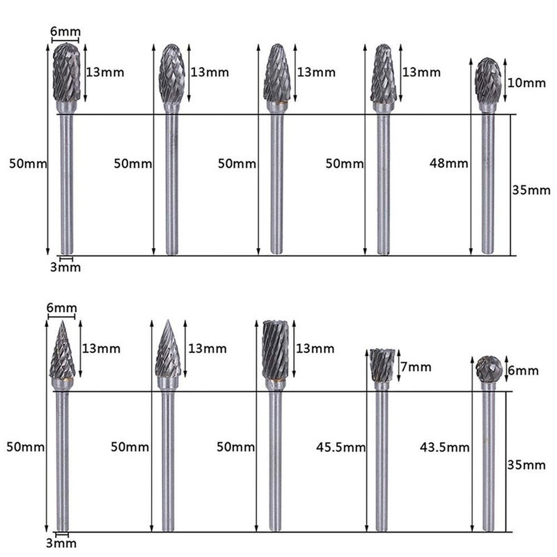 Lukcase Double Cut Carbide Rotary Burr Set - 10 Pcs 1/8" Shank, 1/4" Head Length Tungsten Steel for Woodworking,Drilling, Metal Carving, Engraving, Polishing - Image 4