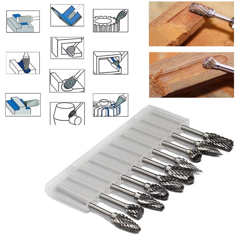 Lukcase Double Cut Carbide Rotary Burr Set - 10 Pcs 1/8" Shank, 1/4" Head Length Tungsten Steel for Woodworking,Drilling, Metal Carving, Engraving, Polishing - Image 5