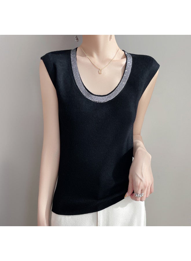MIIOW U-Neck Rhinestone Knitted Vest For Women, Slim Fit, Fashionable And Versatile Sleeveless Top That Conceals Side Fat, Suitable For Layering Or Outerwear In Commuting - Image 2