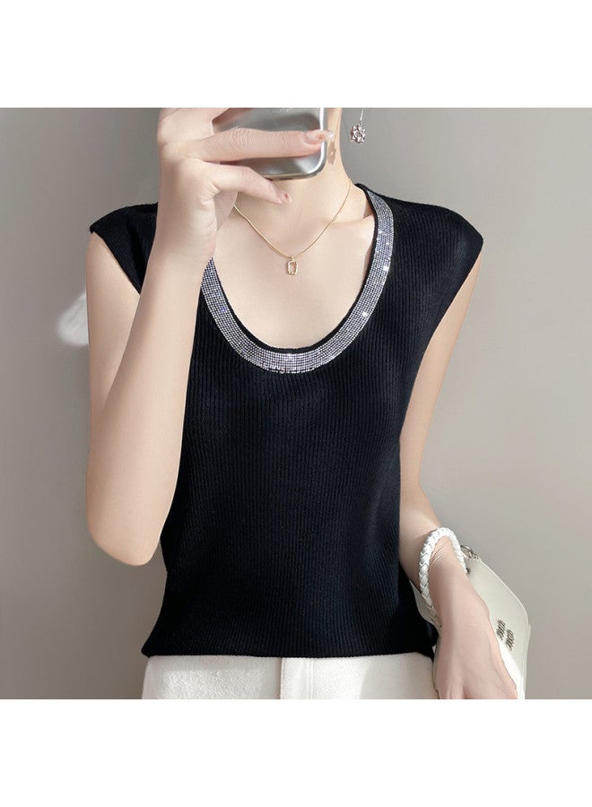 MIIOW U-Neck Rhinestone Knitted Vest For Women, Slim Fit, Fashionable And Versatile Sleeveless Top That Conceals Side Fat, Suitable For Layering Or Outerwear In Commuting - Image 5