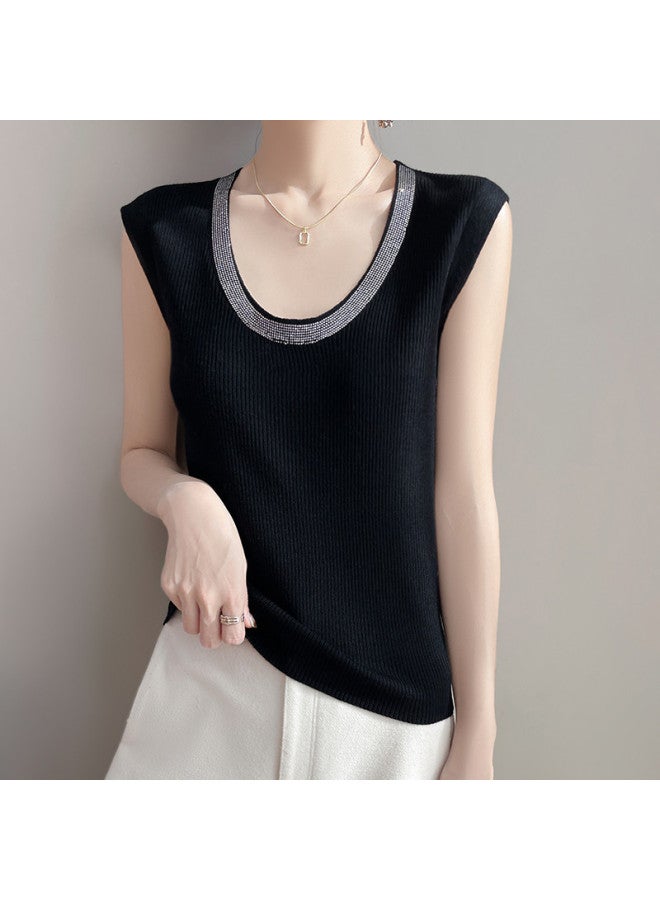 MIIOW U-Neck Rhinestone Knitted Vest For Women, Slim Fit, Fashionable And Versatile Sleeveless Top That Conceals Side Fat, Suitable For Layering Or Outerwear In Commuting - Image 4