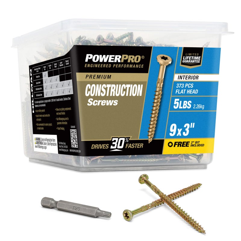 Power Pro 48592 Wood Screws 9 x 3 Premium Star Drive Indoor Cabinet Screws Gold Yellow Zinc 5lb Tub