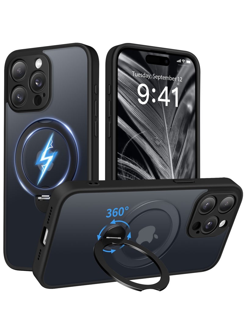 تونجيت جراب هاتف مغناطيسي لجهاز iPhone 15 Pro Max بتصميم حامل غير مرئي دوار بزاوية 360°، هيكل كامل مقاوم للصدمات والسقوط، جراب حماية شفاف عالي المتانة، متوافق تمامًا مع MagSafe، باللون الأسود.  - Image 1