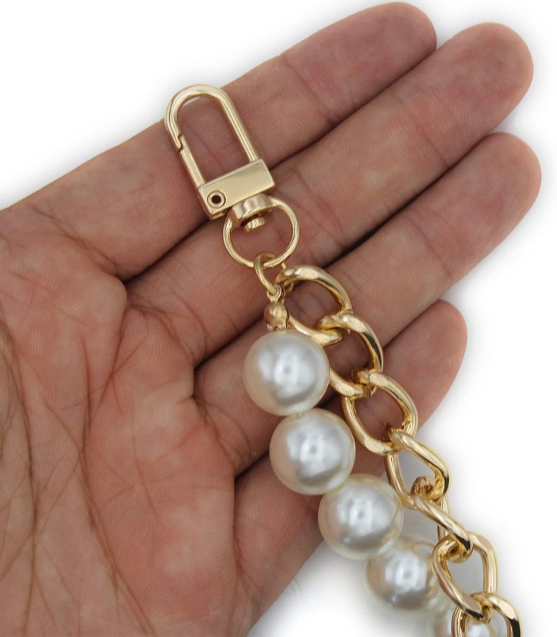 Tia Premium Purse Shoulder Bag Chain Strap Handle, Handbag Purse Chain Replacement, Purse, Clutch Making, Decoration & DIY (Golden Premium Flat Chain with Pearl Chain-16in-1 Pc) - Image 2