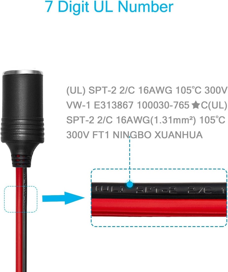CHANZON 12V / 24V Power Supply Car Plug Outlet - 6FT/3FT UL 16AWG Cable with 15A Fuse - Heavy Duty DC Cigarette Lighter Female Socket Extension with Perforated Terminal Direct Battery Type - Image 3