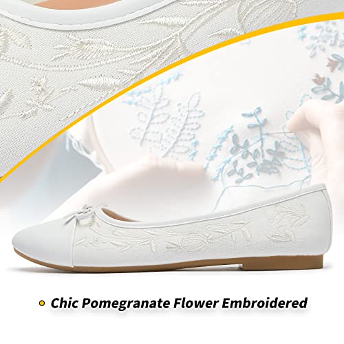 BABUDOG Womens Flats Shoes with Pomegranate Embroidery,White Flats with Bow,Comfortable Round-Toe Flats Shoes,Black Dress Shoes for Women(Soft Memory Foam Insole)(White.US11) - Image 2