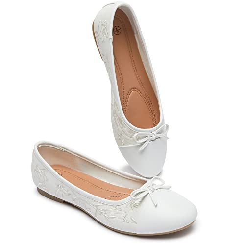 BABUDOG Womens Flats Shoes with Pomegranate Embroidery,White Flats with Bow,Comfortable Round-Toe Flats Shoes,Black Dress Shoes for Women(Soft Memory Foam Insole)(White.US11) - Image 1
