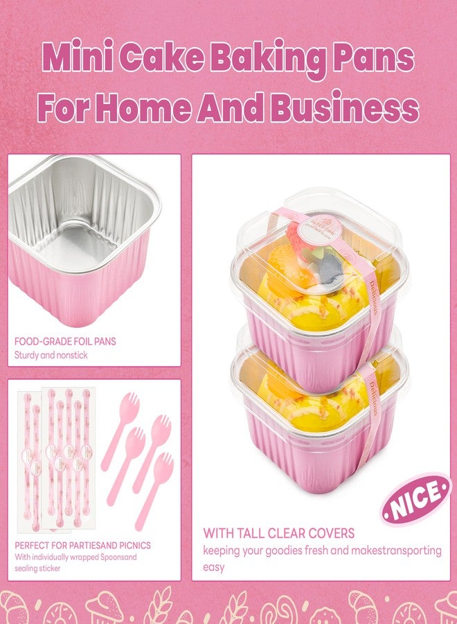 NPLUX 50 Pcs Mini Cake Pans with Lids and Spoons Aluminum Foil Mini Square Baking Cups with Lids Disposable Ramekins Cake Pans Dessert Cups for Wedding Birthday Party(Pink,5oz) - Image 5