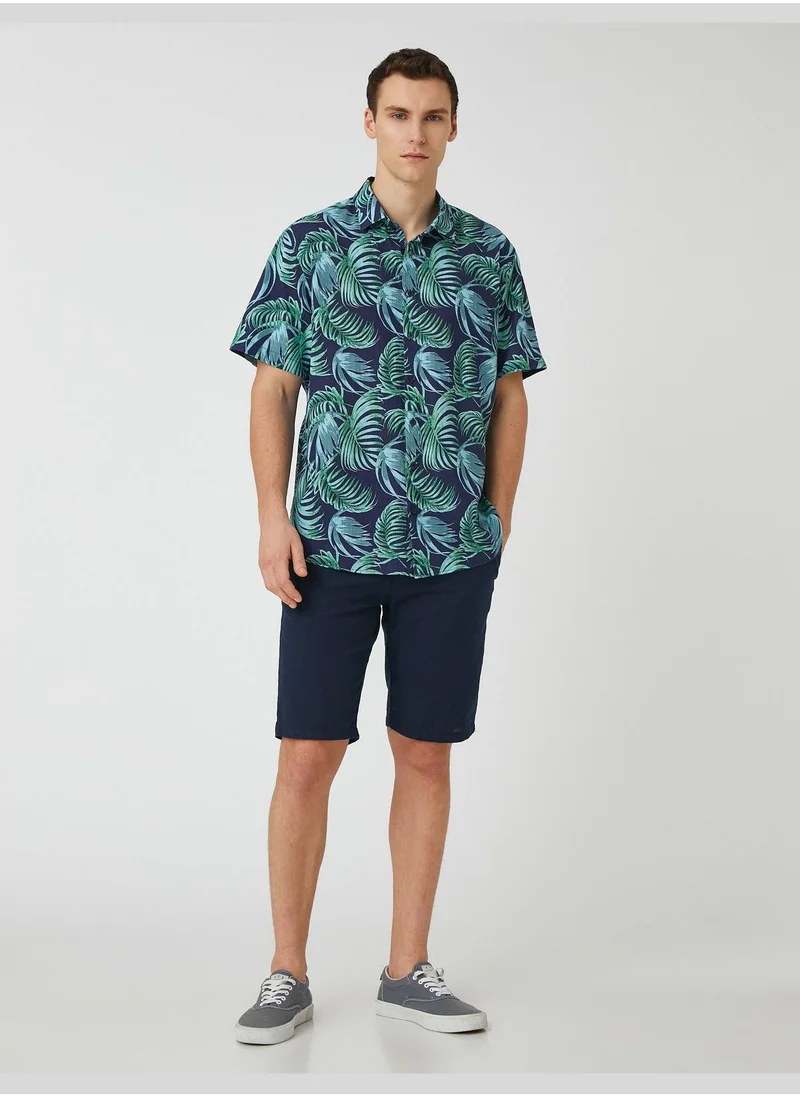 كوتون Short Sleeve Shirt Leaf Printed Classic Neck