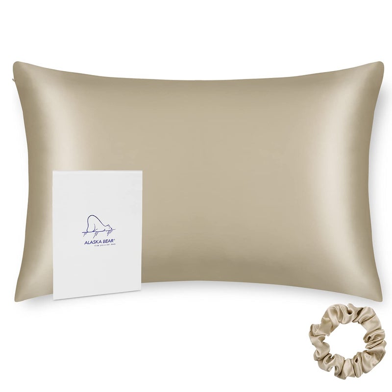 ALASKA BEAR King Size Silk Pillowcase Random Color Silk Scrunchie Gift Set for Beauty Sleep (1, Beige) - Image 1